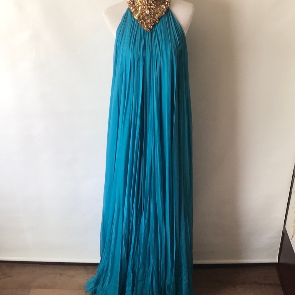 ALEXANDER MCQUEEN Dress NWT Turquoise Chiffon w/Bronze Swarovski Size 42 US 8-10 - Picture 12 of 17